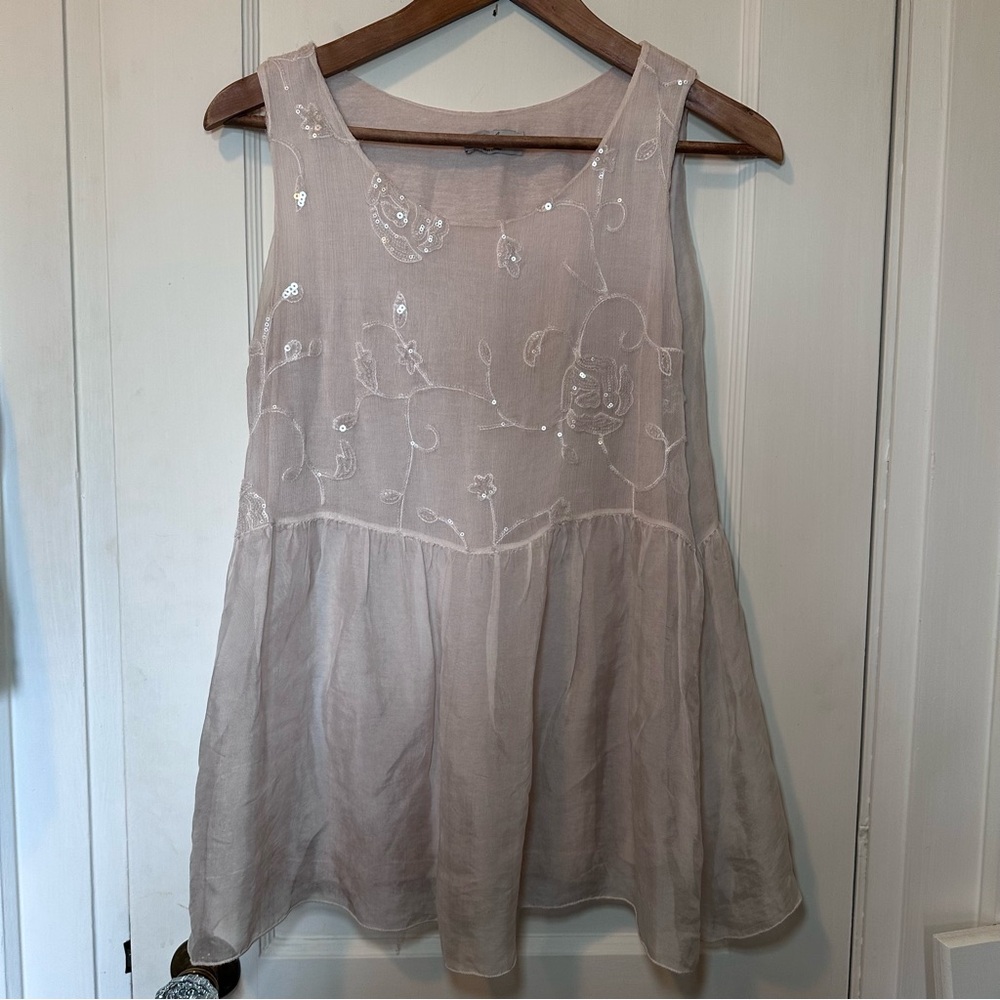 Angela Moda Beige Silk Tank with Sheer Overlay with Floral Embroidery & Sequins